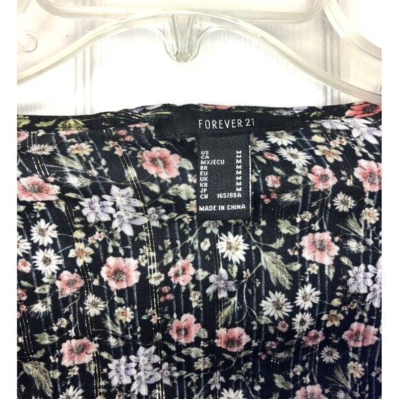 Forever 21 Floral Crop Blouse M Shirred Peasant Prairie Hippie Boho Black Pink - Picture 3 of 6